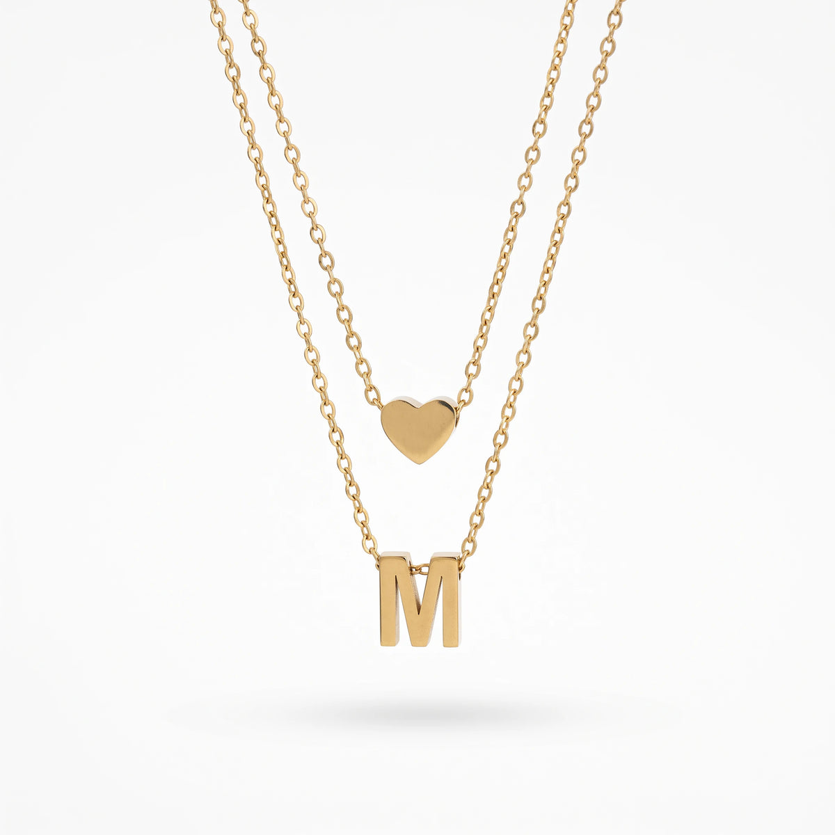 QIAOREN 14420 Layered Heart & Letter M Pendant Necklace, Stainless Steel Double Chain Necklace Jewelry Gift for Daily Outfits