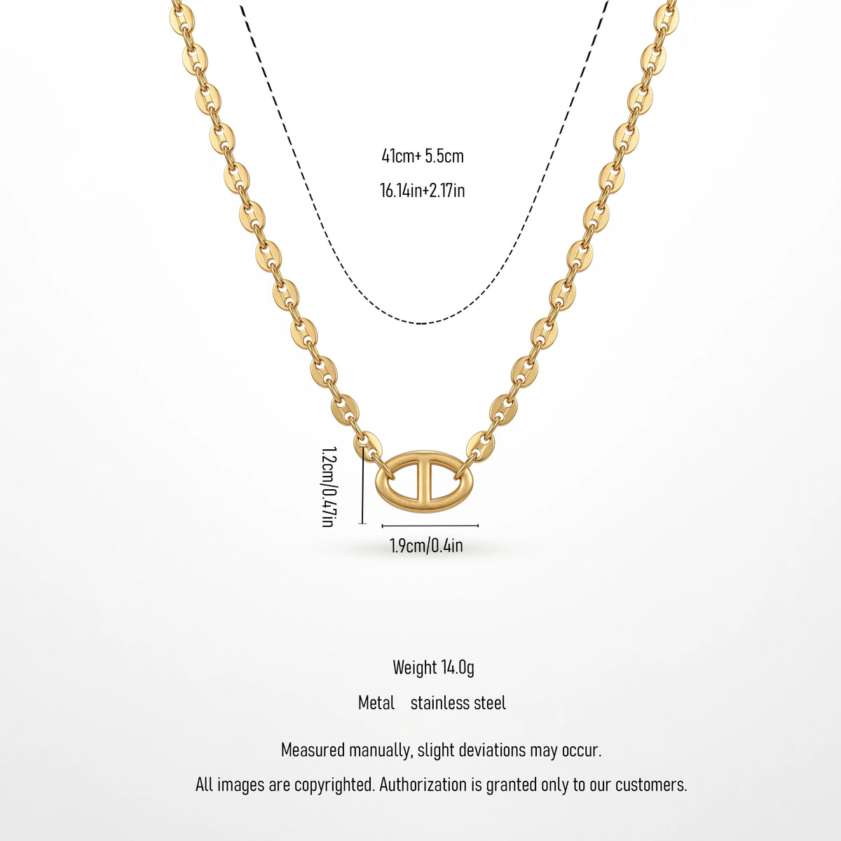 QIAOREN 13722  Oval Link Thin Chain Pendant Necklace with Hollow Single Square Buckle Charm, Matte Brush Gold Jewelry Gift