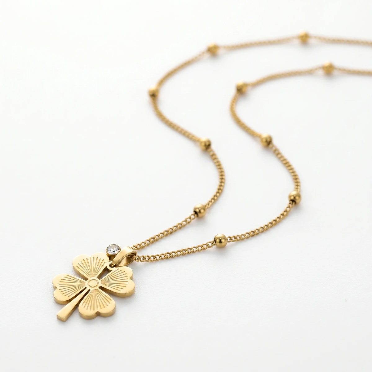 QIAOREN 12896 18K Gold Plated Four Leaf Clover Necklace, Waterproof Tarnish Free Stainless Steel Lucky Clover Satellite Chain