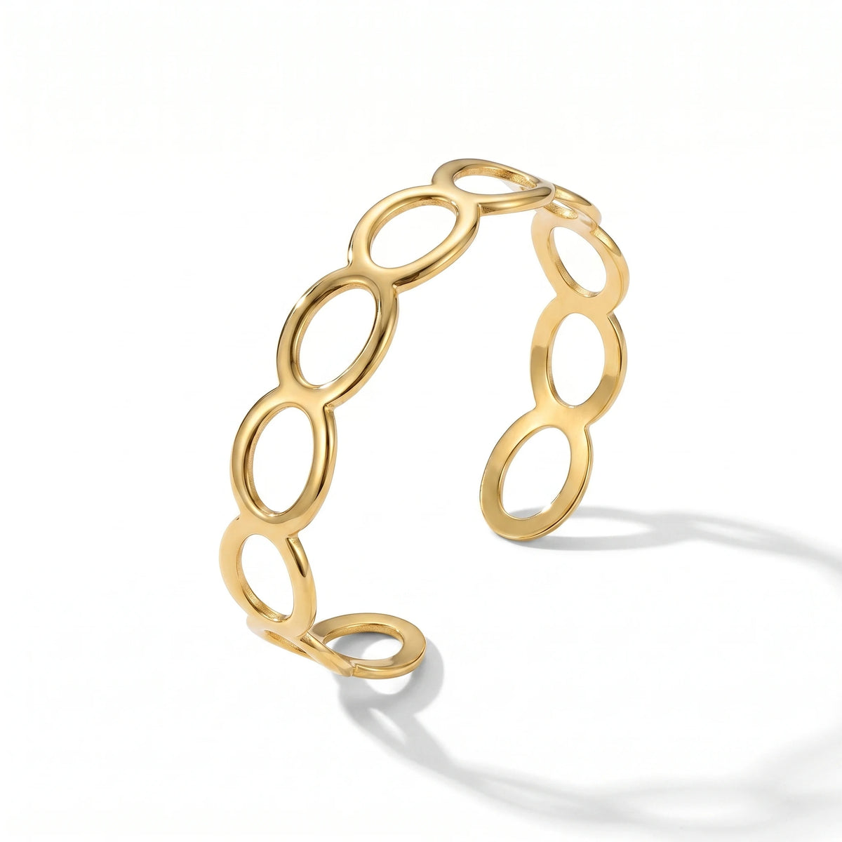 QIAOREN 12706 Minimalist Interlocked Ellipse Cutout Wide Cuff Bangle Hypoallergenic Stainless Steel Gold Bracelet Party Gift