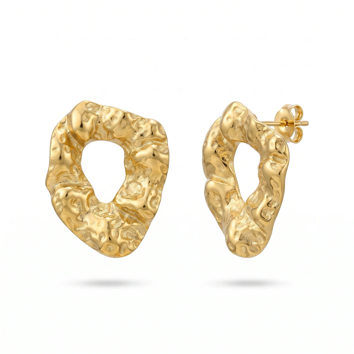 QIAOREN 14065 Hammered Irregular Hollow Oval Stud Earrings, Crinkled Organic Textured Open Ring Ear Stud Jewelry Gift