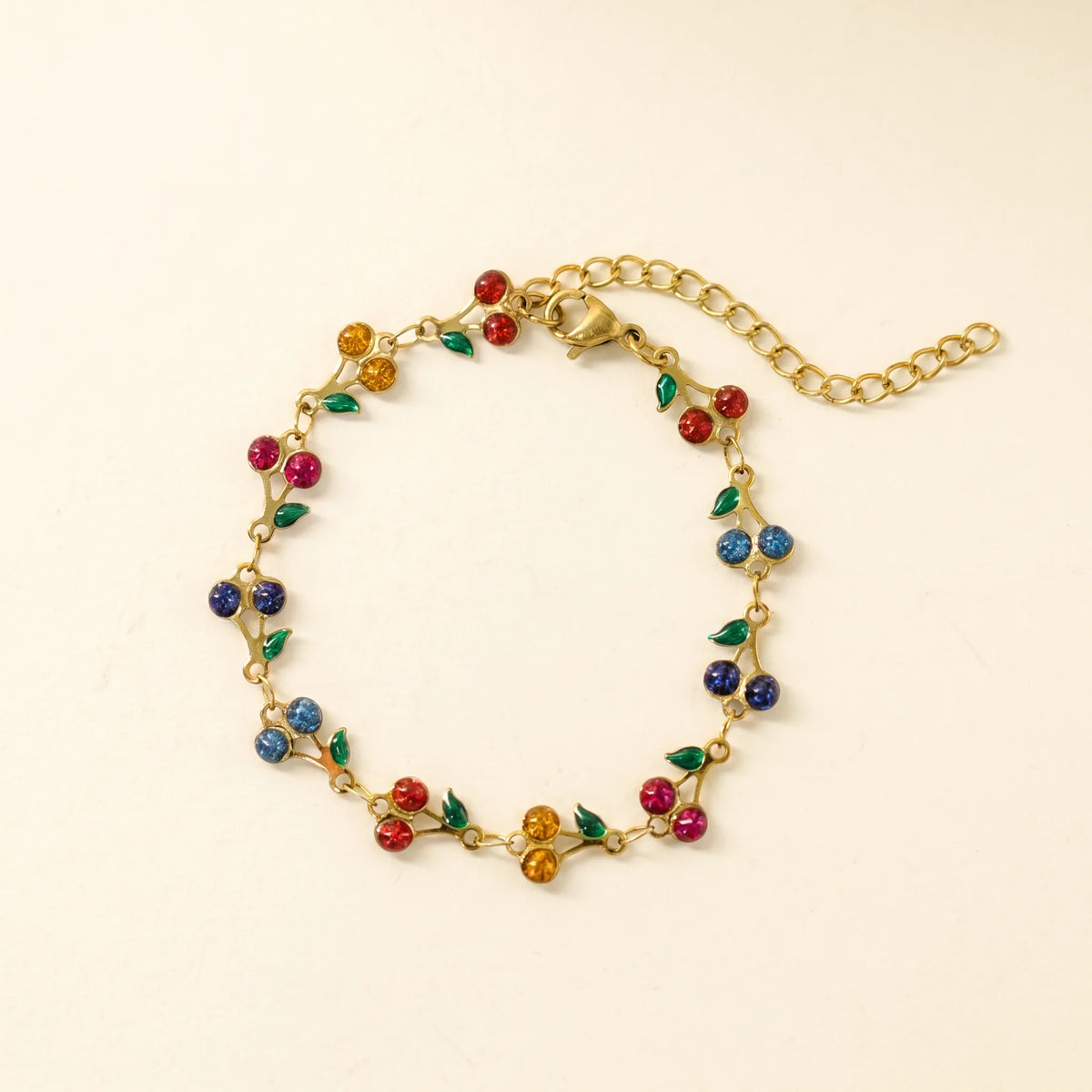 QIAOREN 12224-33 Waterproof Stainless Steel Gold Cherry Bracelet Pink Rhinestone Leaf Charm Bracelet for Women