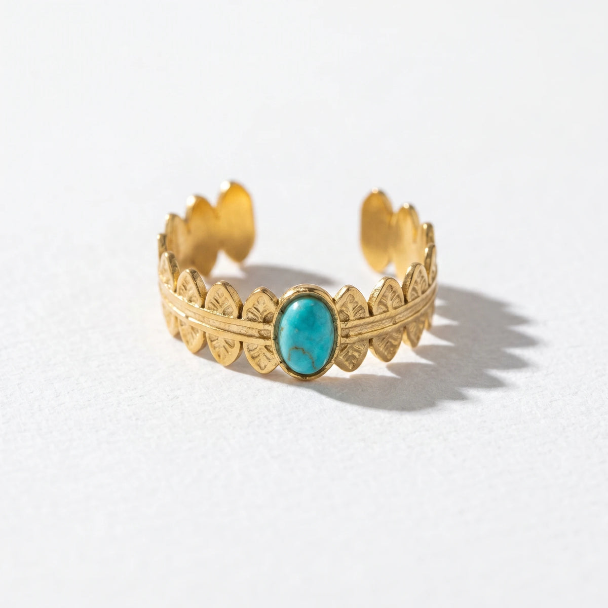 QIAOREN 5Pcs Gold Stainless Steel Turquoise Open Ring Set Irregular Hammered Crown Adjustable Boho Stackable Rings