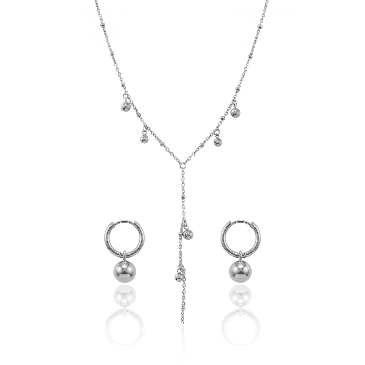 QIAOREN 11692 Tarnish Free 18K Gold Stainless Steel Ball Charm Jewelry Set Y Lariat Necklace & Hoop Earrings