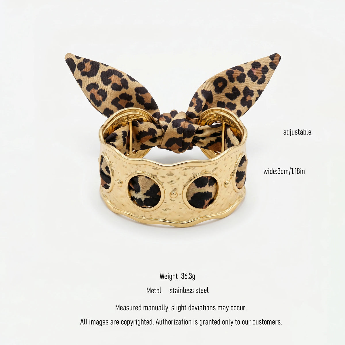 QIAOREN 11003 Leopard Print Scarf Bracelet Gold Stainless Steel Wide Adjustable Boho Beach Jewelry for Women