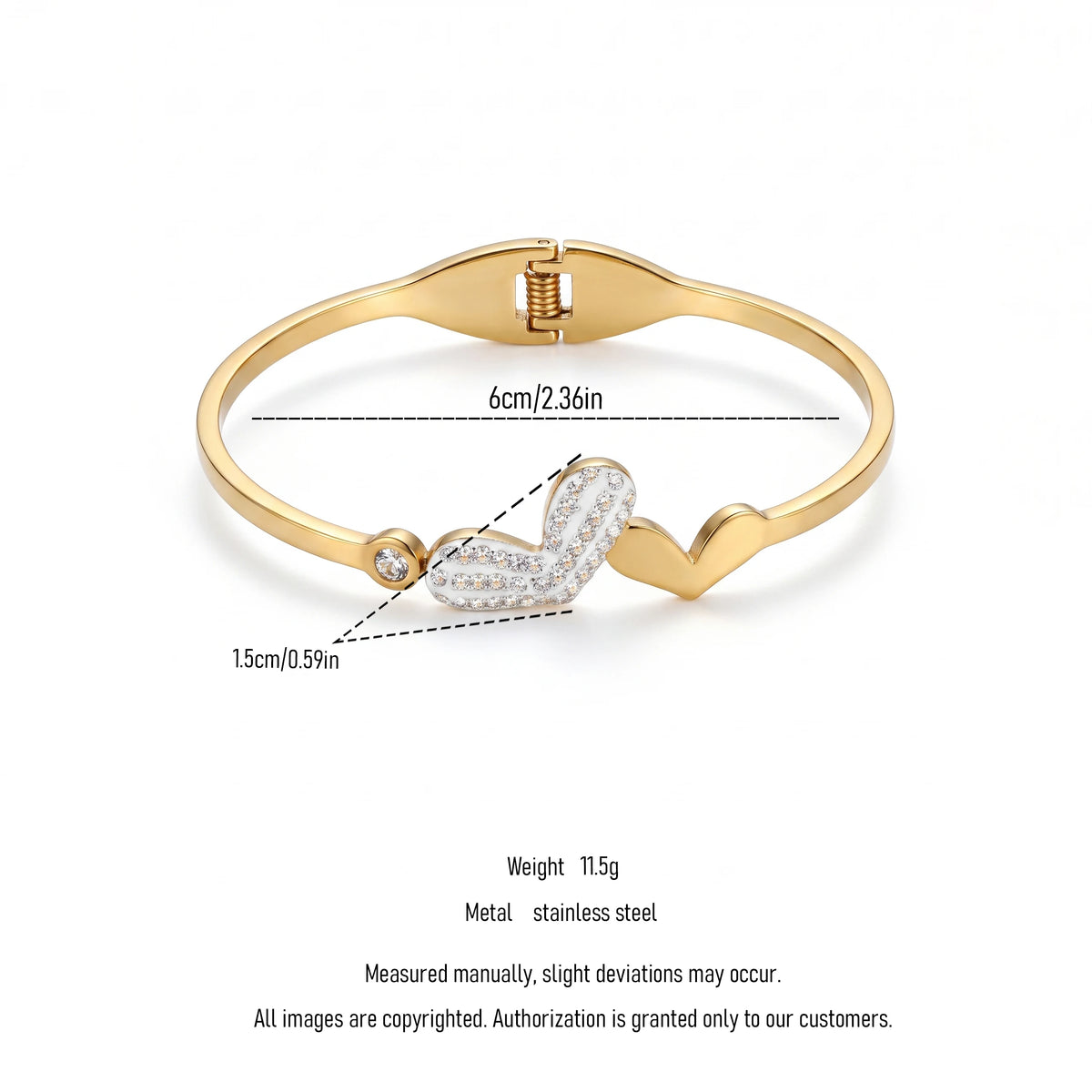 QIAOREN 13659 Spring Thin Cuff Bangle with Offset Dual Heart Charms, Paved Clear Zircon Curved Heart & Solid Plain Heart