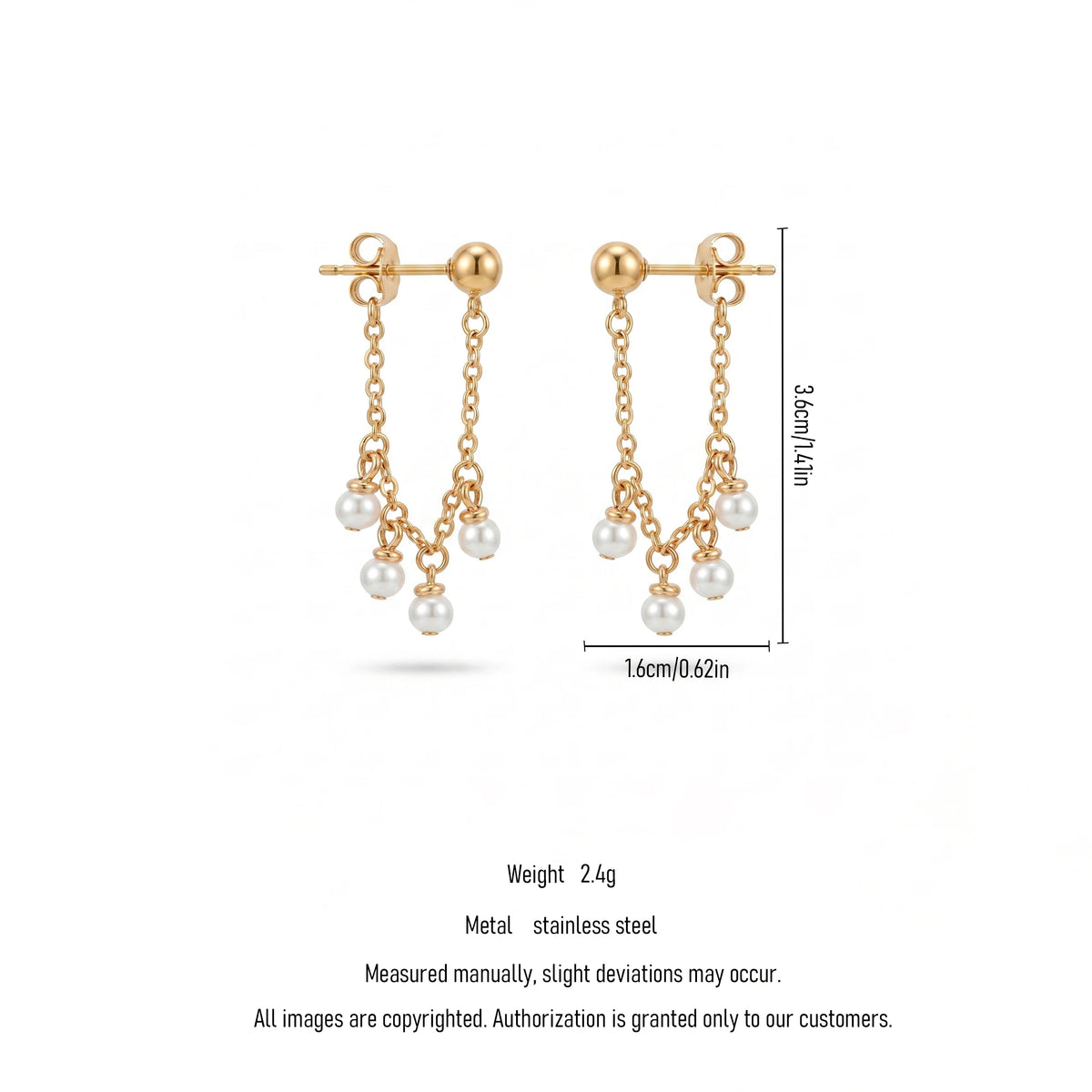 QIAOREN 11872 Trendy Multi-Pearl Cluster Chain Dangle Earrings Stainless Steel 18K Gold Plated Dainty Fringe Jewelry for Women