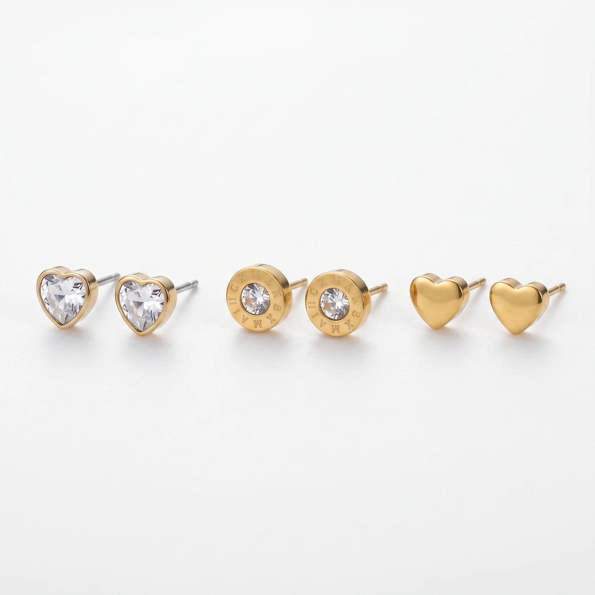 QIAOREN 14445  3 Pairs Gold Tone Stainless Steel Ear Studs Heart Shaped CZ Stud Earrings Set Earrings Jewelry Gift