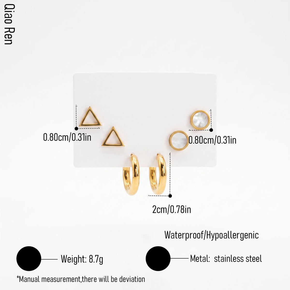 QIAOREN 14470 3 Pair Gold Stainless Steel Earrings Set, Triangle Shell Studs, Round Shell Inlay Studs & Thick Smooth Stud