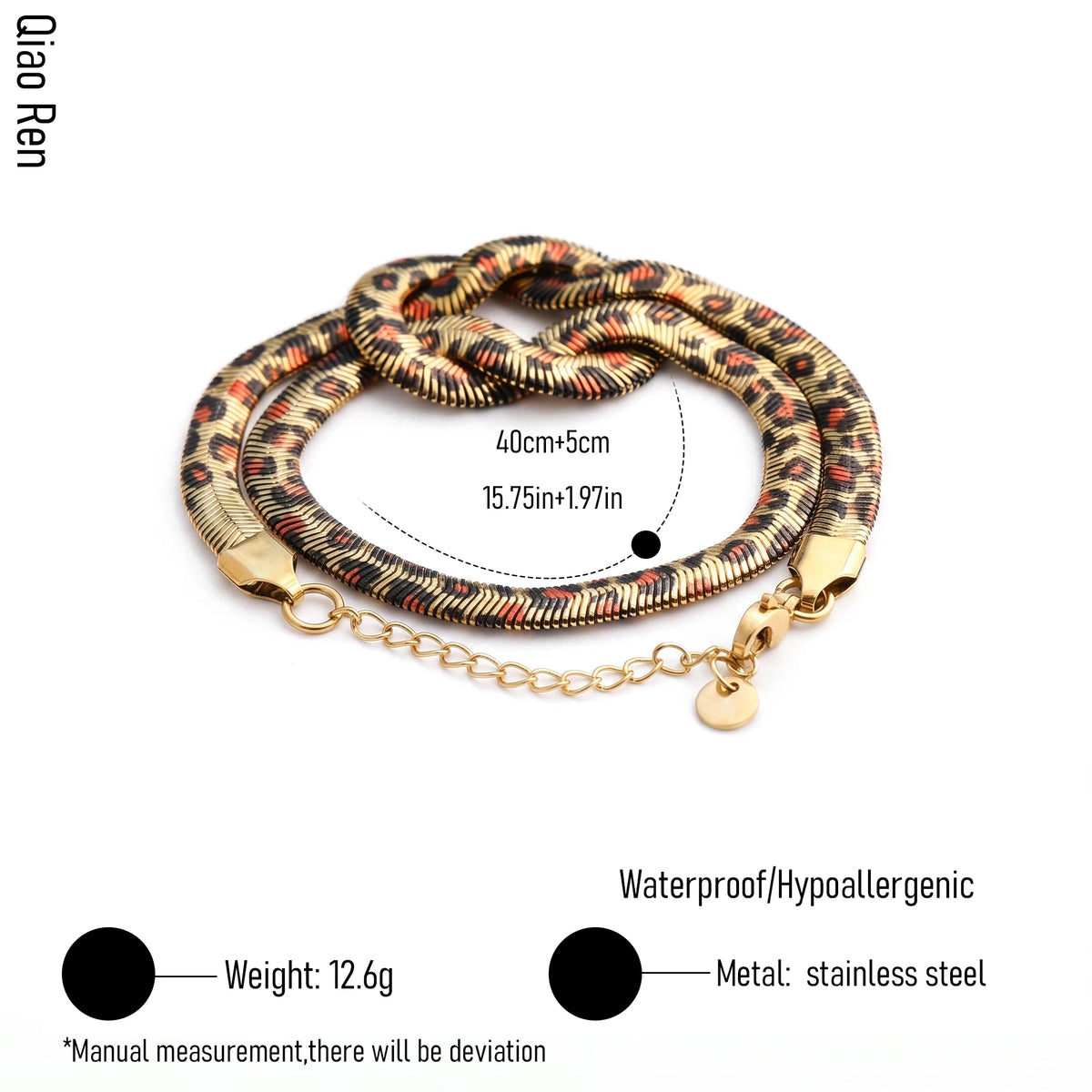QIAOREN 13851-52 Stainless Steel Leopard Print Snake Chain Knot Bracelet Waterproof Hypoallergenic Statement Jewelry Women