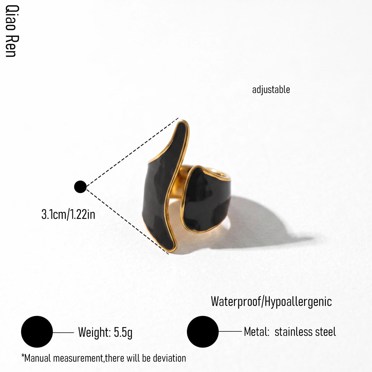 QIAOREN 14226-31 Black Enamel Irregular Wave Open Ring Set, Abstract Curved Adjustable Stackable Ring Jewelry Gift