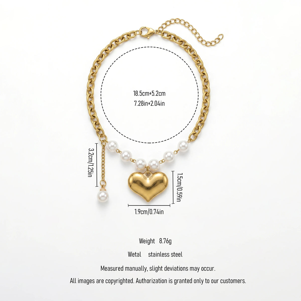 QIAOREN 11728 Trendy Lovers Minimalist Thick Curb Chain Heart Pearl Bracelet Gold Stainless Steel Adjustable Jewelry for Women