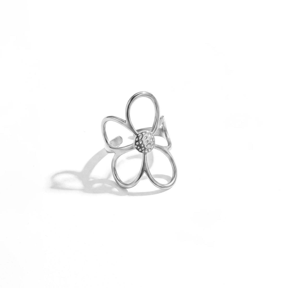 QIAOREN Stainless Steel PVD Gold Adjustable Open Rings Mixed Flower Leaf Geometric Hollow Stack Finger Jewelry For Women