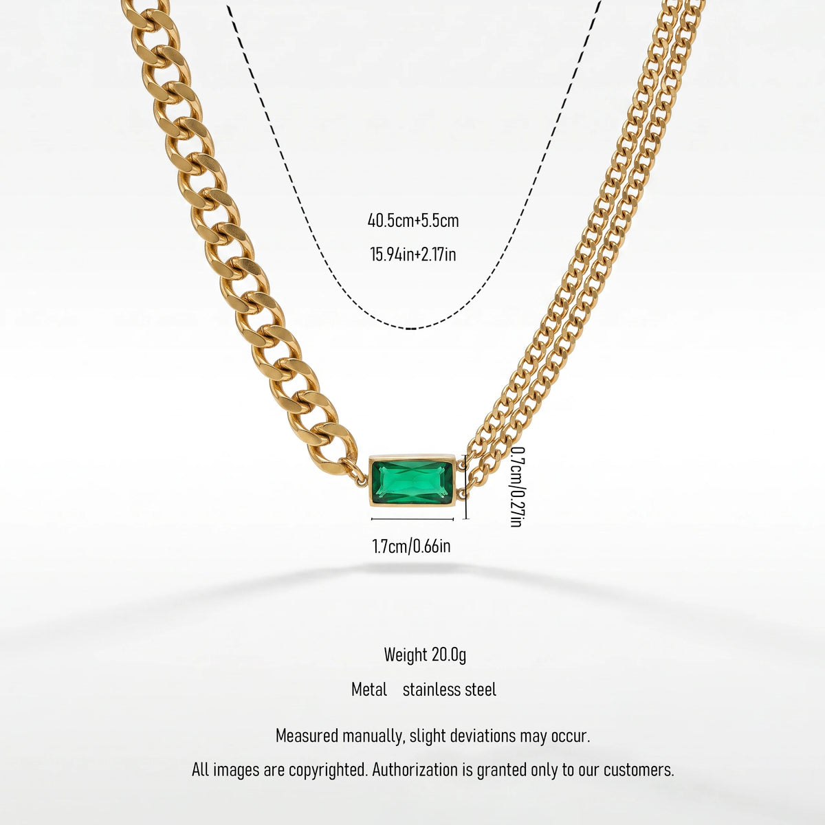 QIAOREN 13473 Two Tone Chain Emerald Rectangle Pendant Necklace, Chunky Curb & Thin Paperclip Link Mixed Neck Jewelry Gift