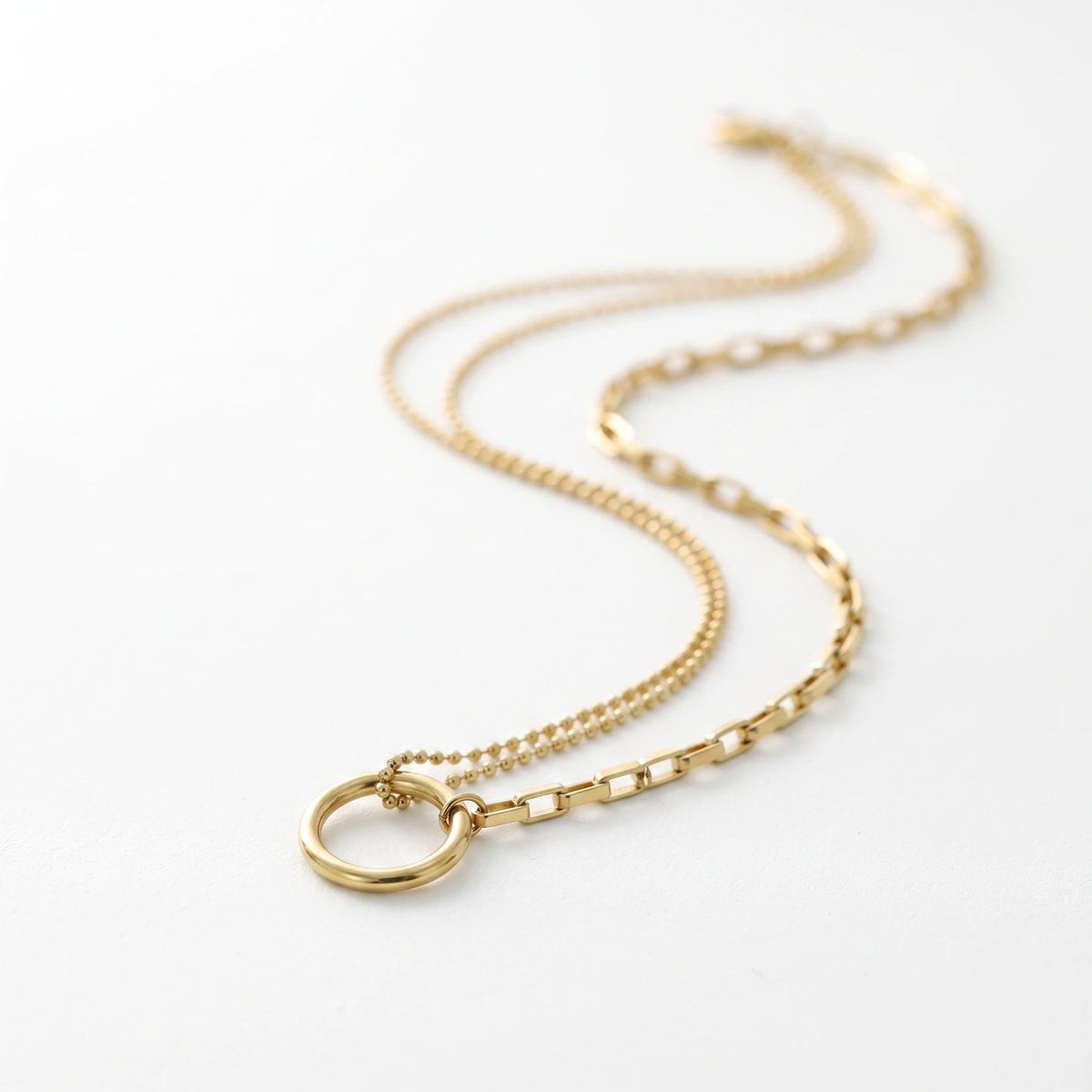 QIAOREN 13464 Circle Pendant Necklace with Ball Bead Chain & Paperclip Link Chain, Minimalist Layering Neck Jewelry Gift