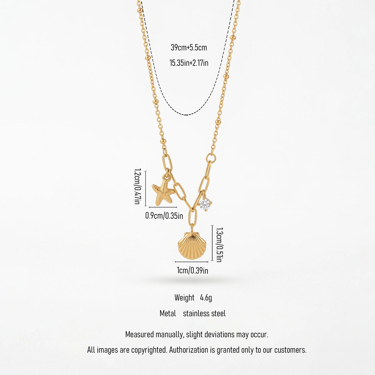 QIAOREN 13549 Stainless Steel Starfish Seashell Charm Necklace Gold Coastal Beach Pendant Paperclip Chain Jewelry for Women