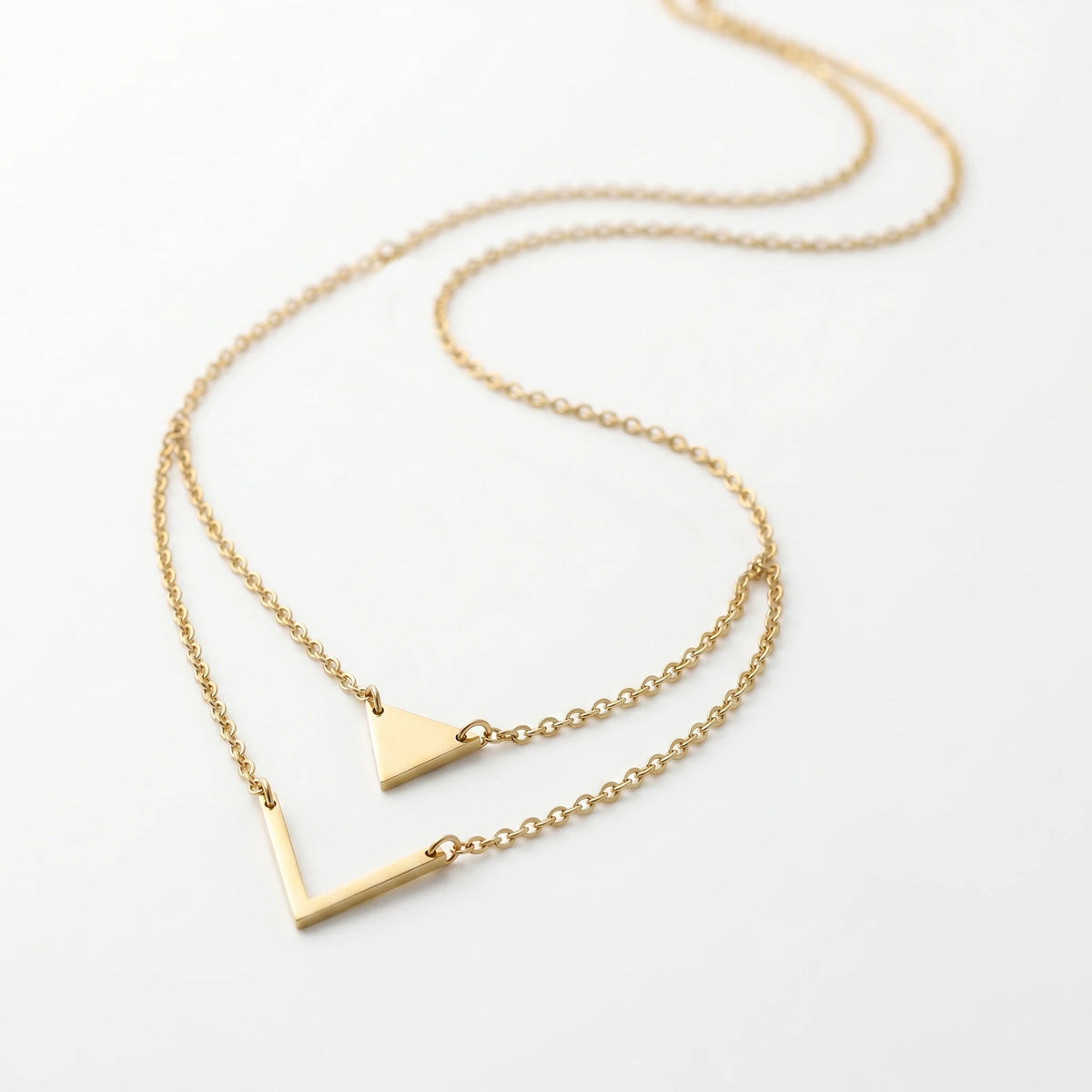 QIAOREN 11799 18K Gold Plated Stainless Steel Tarnish-Resistant Geometric Double Layer Triangle & Chevron Necklace