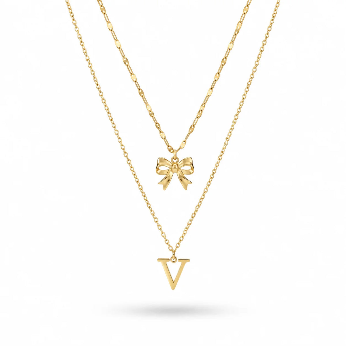 QIAOREN A-Z 26 Letter Bow Initial Necklace Stainless Steel Gold Silver Alphabet Pendant Custom Jewelry