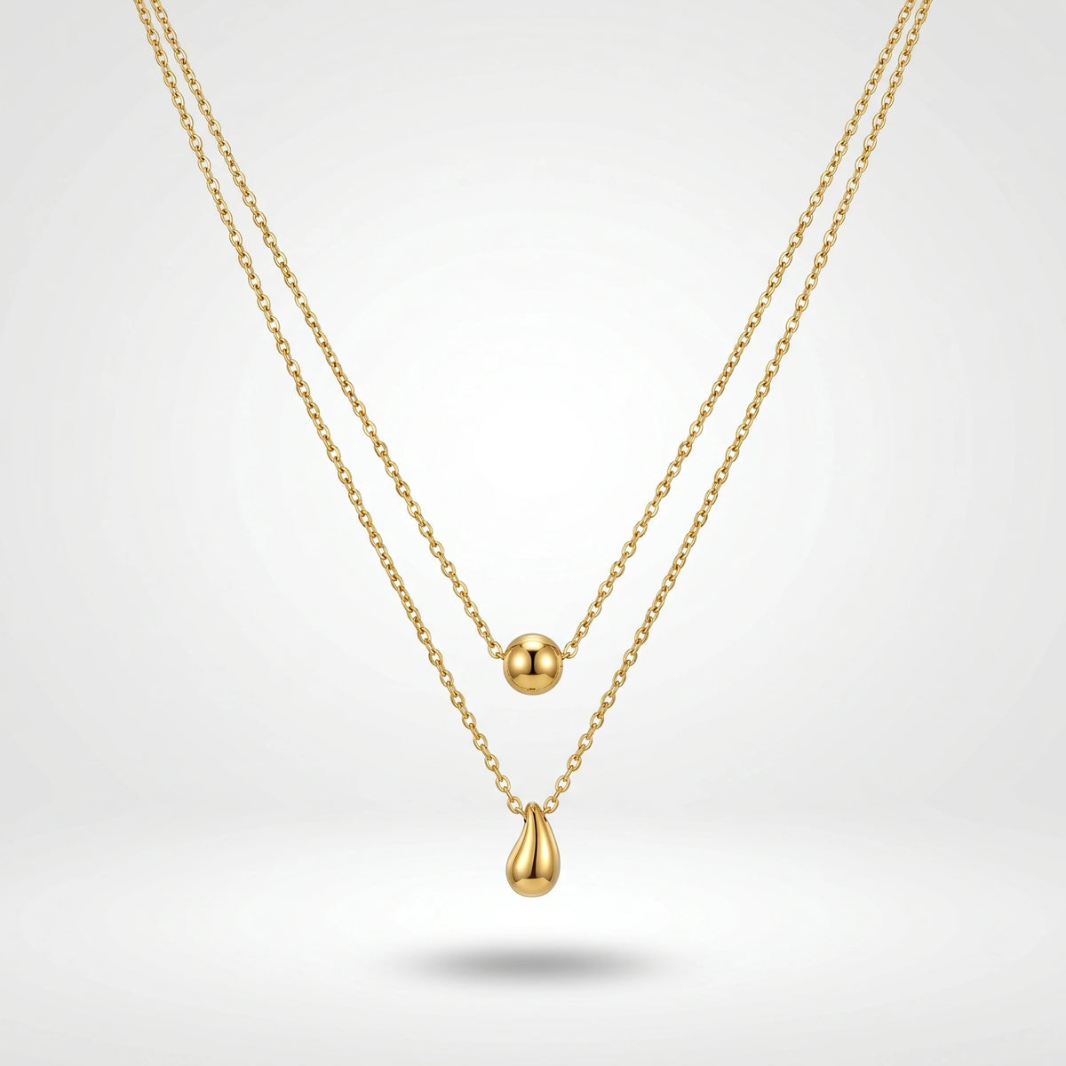 QIAOREN 10582 Water Drop Bead Double Layer Necklace 18K Gold Plated Stainless Steel Waterproof Tarnish Free Trendy Jewelry