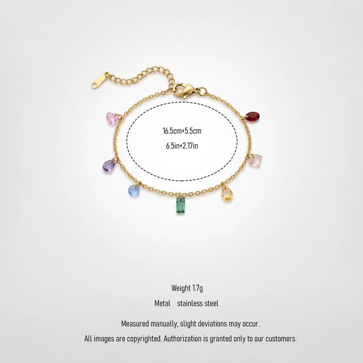 QIAOREN 13293 Gold Plated Stainless Steel Colorful Crystal Charm Bracelet Cubic Zirconia Dainty Chain Jewelry for Women