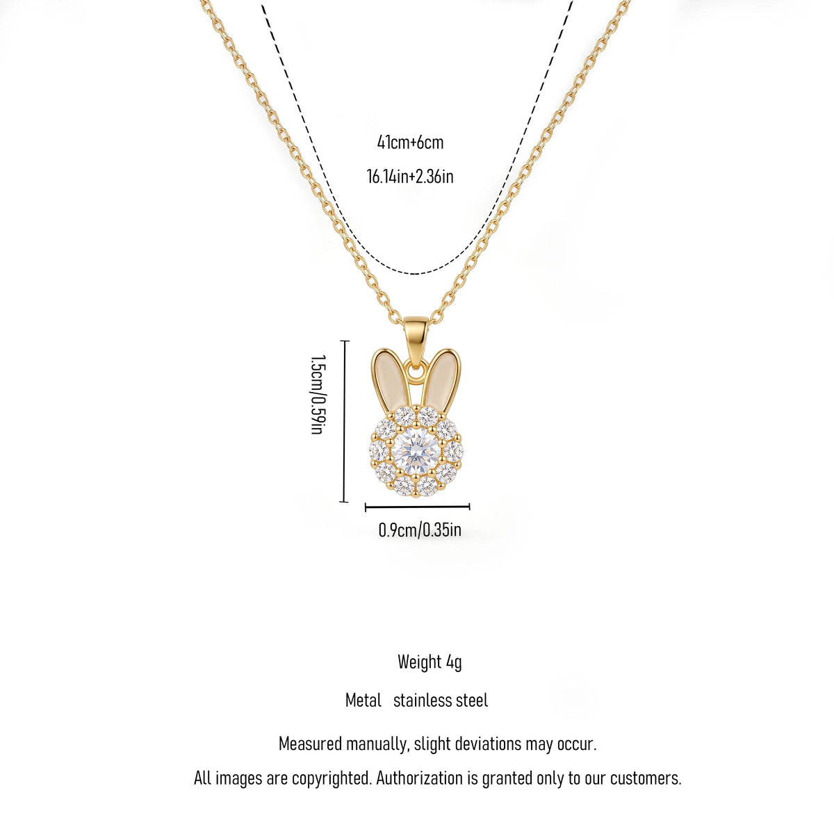 QIAOREN 14007 Thin Cable Chain Pendant Necklace with Enamel Ear Bunny Charm Paved Round Clear CZ Stones