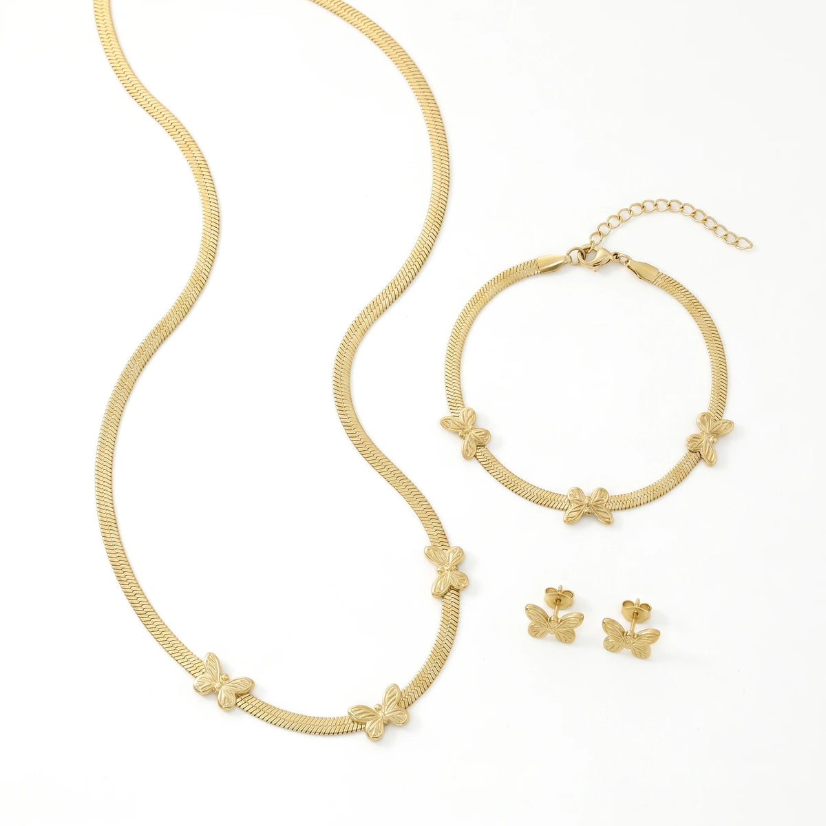QIAOREN 11690 Tarnish Free 18K Gold Stainless Steel Butterfly Herringbone Jewelry Set Necklace Bracelet Earrings