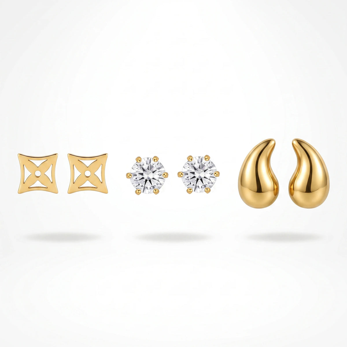 QIAOREN 13255 3 PCS Set  18K Gold Plated Stainless Steel Stud Earrings Set Hollow Square, Round CZ, Teardrop Tiny Ear Studs