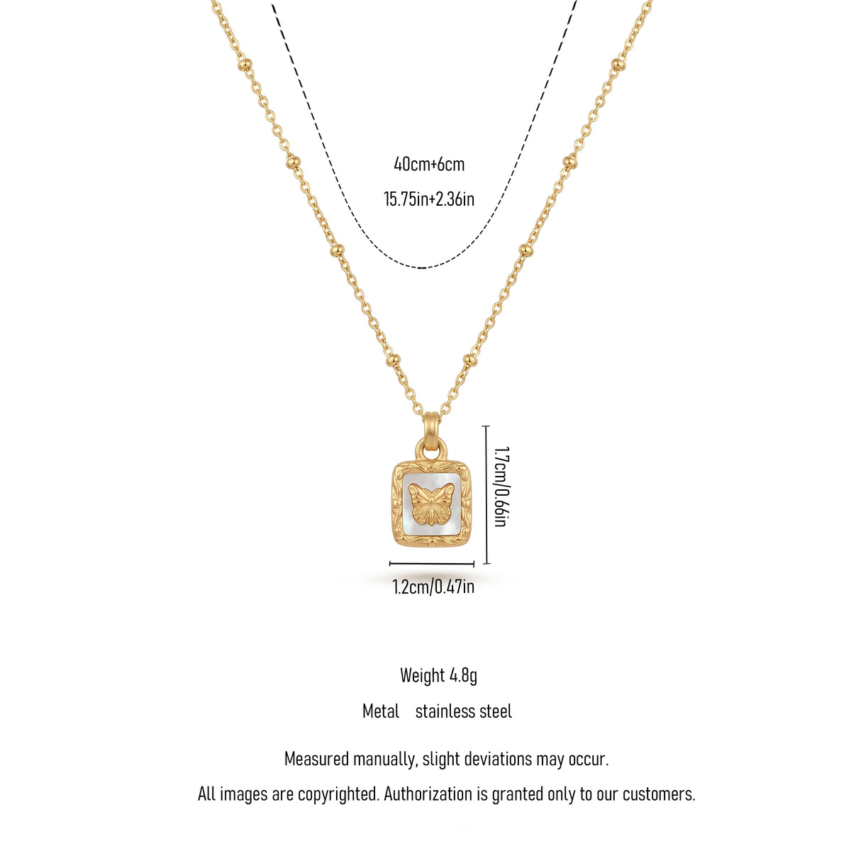 QIAOREN 13478 Vintage Square White Shell Butterfly Pendant Necklace with Beaded Ball Chain, Dainty Gold Neck Jewelry Gift
