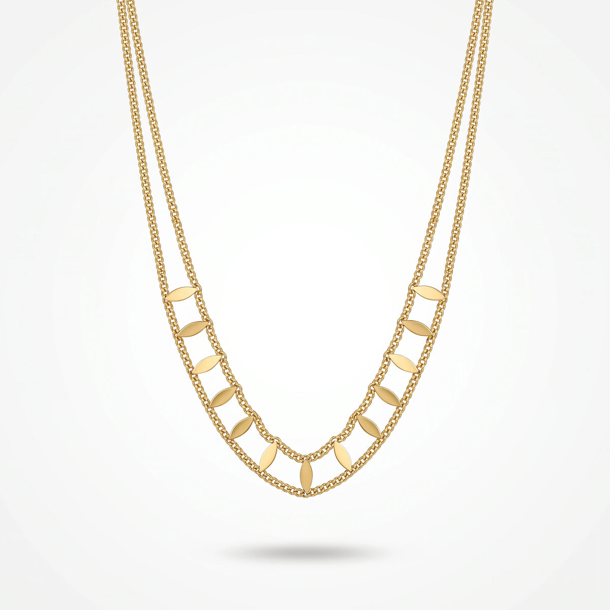 QIAOREN 13935 Double Layer Curb Chain Necklace with Marquise Leaf Shape Dangling Slice Charms, Polished Gold Stackable Leaf