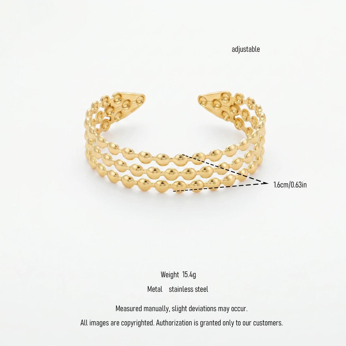 QIAOREN 12695 Classic Parallel Tiny Gold Bead Wide Open Gold Bangle Hypoallergenic Stainless Steel Hollow Stackable Bracelet