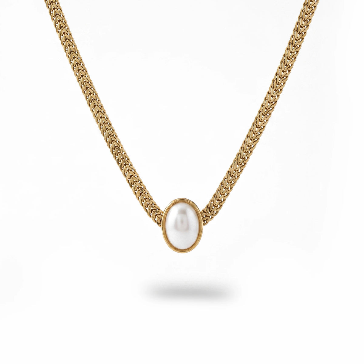 QIAOREN 13948 Stainless Steel Oval Pearl Pendant Wheat Chain Necklace Waterproof Hypoallergenic Jewelry for Women