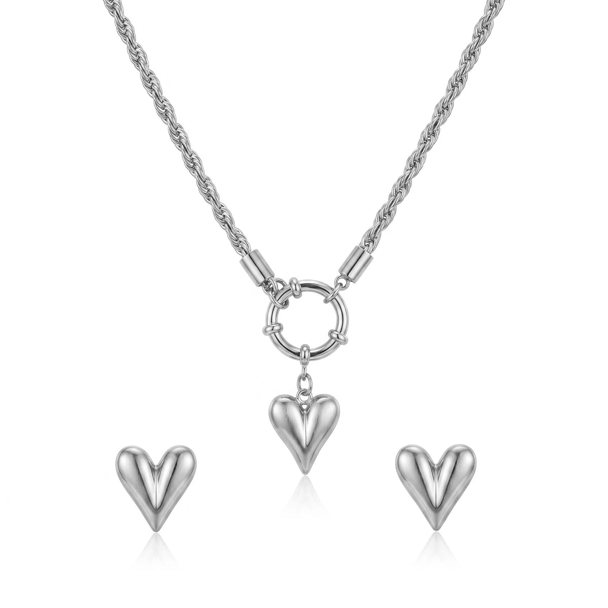 QIAOREN 11589 Waterproof 18K Gold Plated Stainless Steel Heart Jewelry Set Rope Chain Necklace Earrings Daily Wear