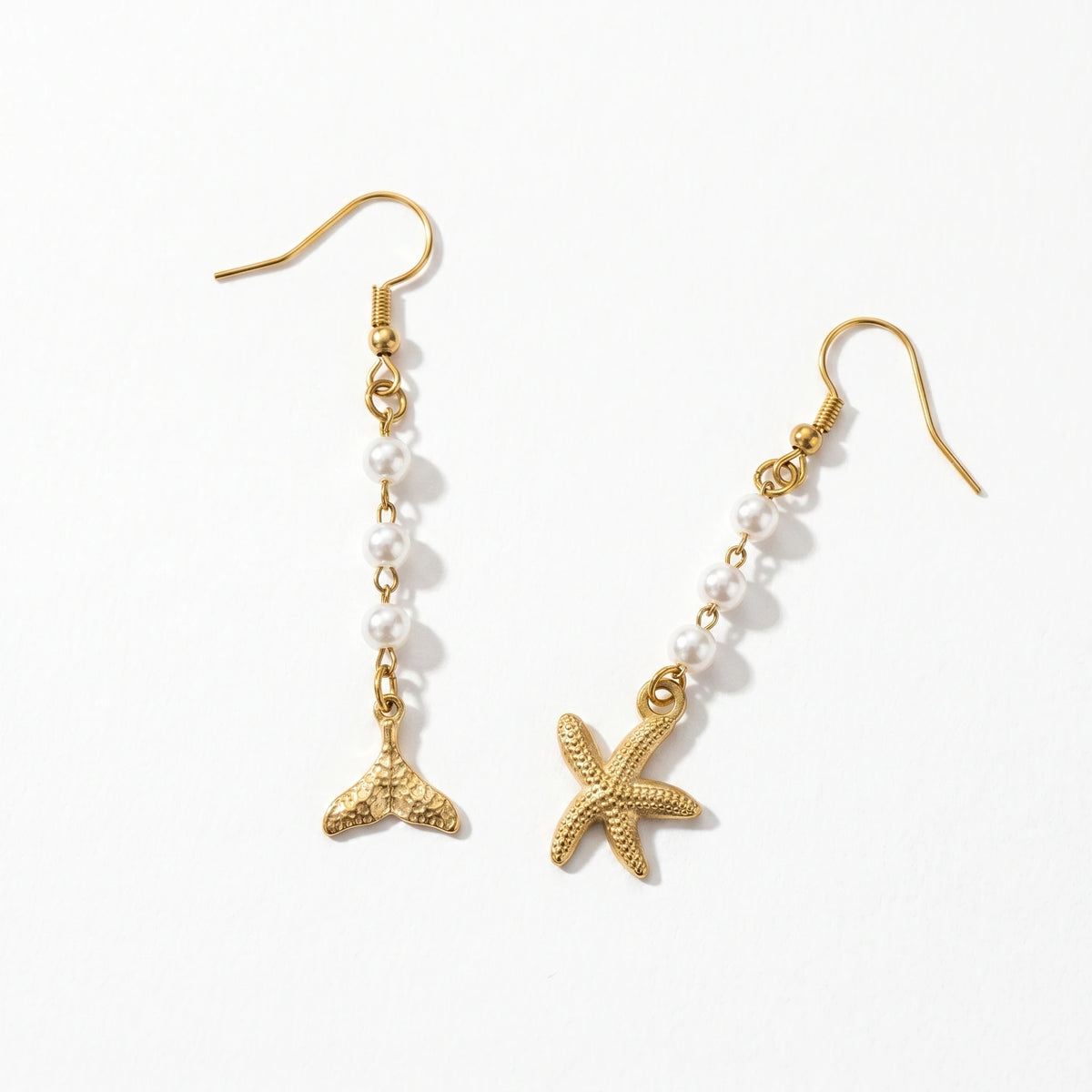 QIAOREN 10831 Waterproof Stainless Steel Ocean Theme Earrings Gold Plated Pearl Beach Jewelry