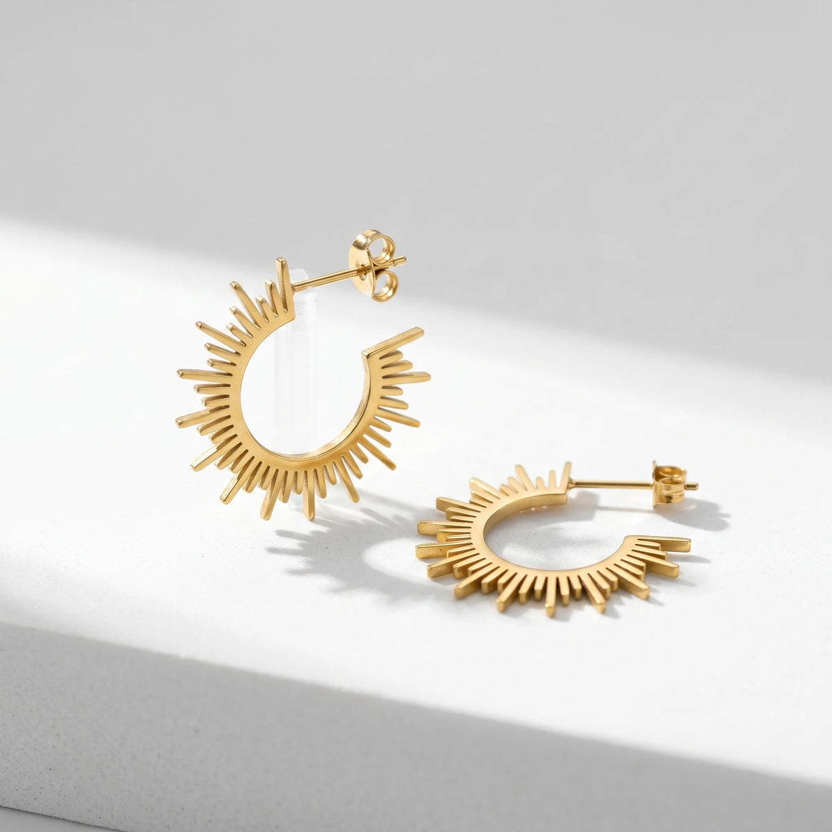 QIAOREN 10837 Adjustable Stainless Steel Sunburst Earrings Gold Plated Minimalist Boho Design