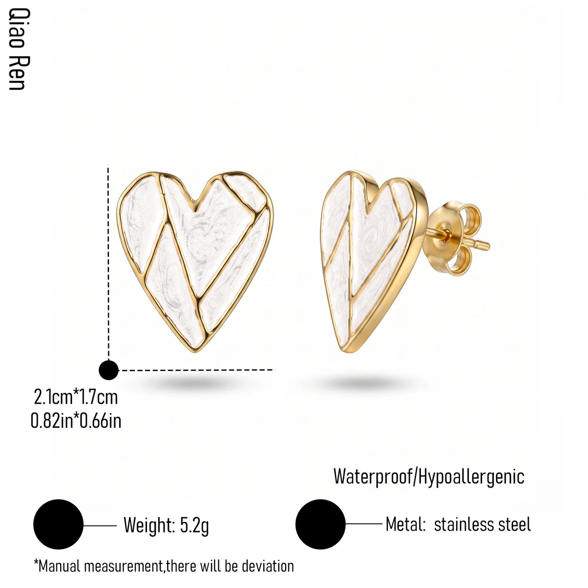 QIAOREN 14085-14087 Stainless Steel Heart Stud Earrings Gold Waterproof Hypoallergenic Statement Jewelry