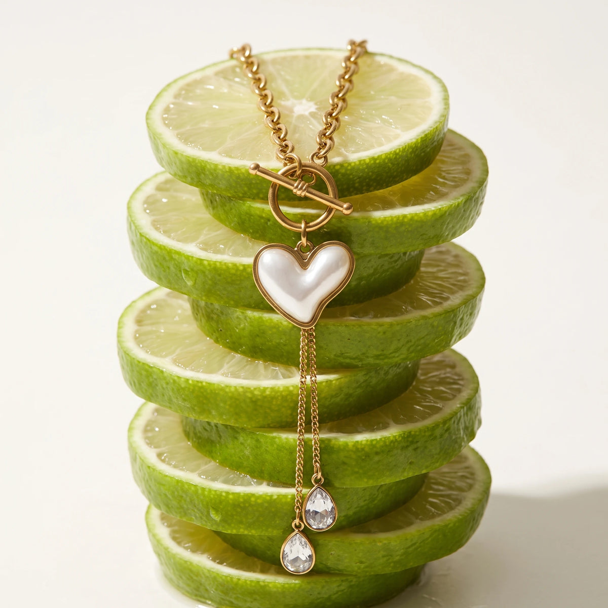 QIAOREN 14419 Heart Shell OT Toggle Tassel Necklace With Teardrop CZ, Stainless Steel Chain Necklace Jewelry Gift
