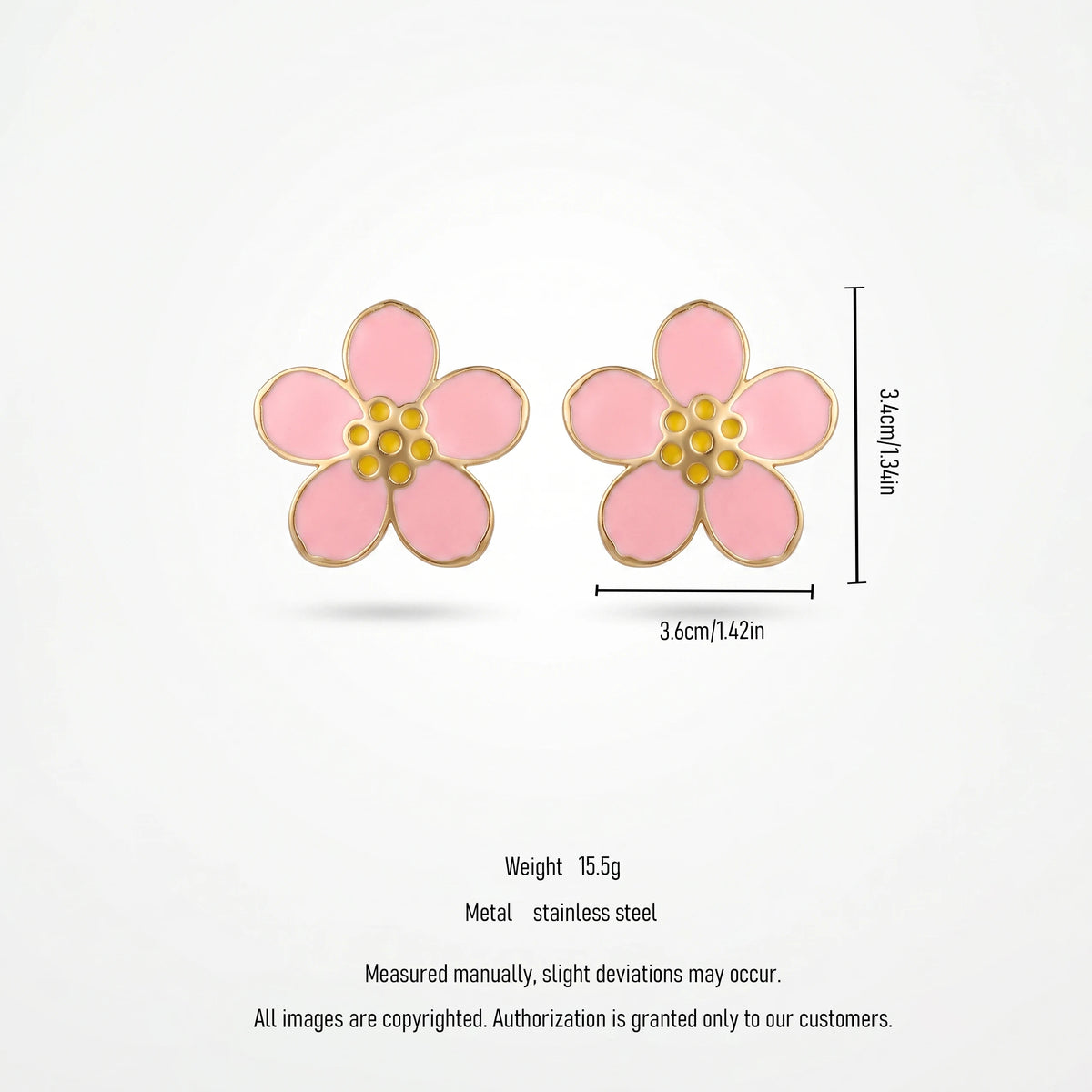 QIAOREN 7782 Gold Tone Pink Enamel Five Petal Flower Stud Earrings Yellow Dot Stamen Floral Pin Studs Sweet Fresh Girly Style