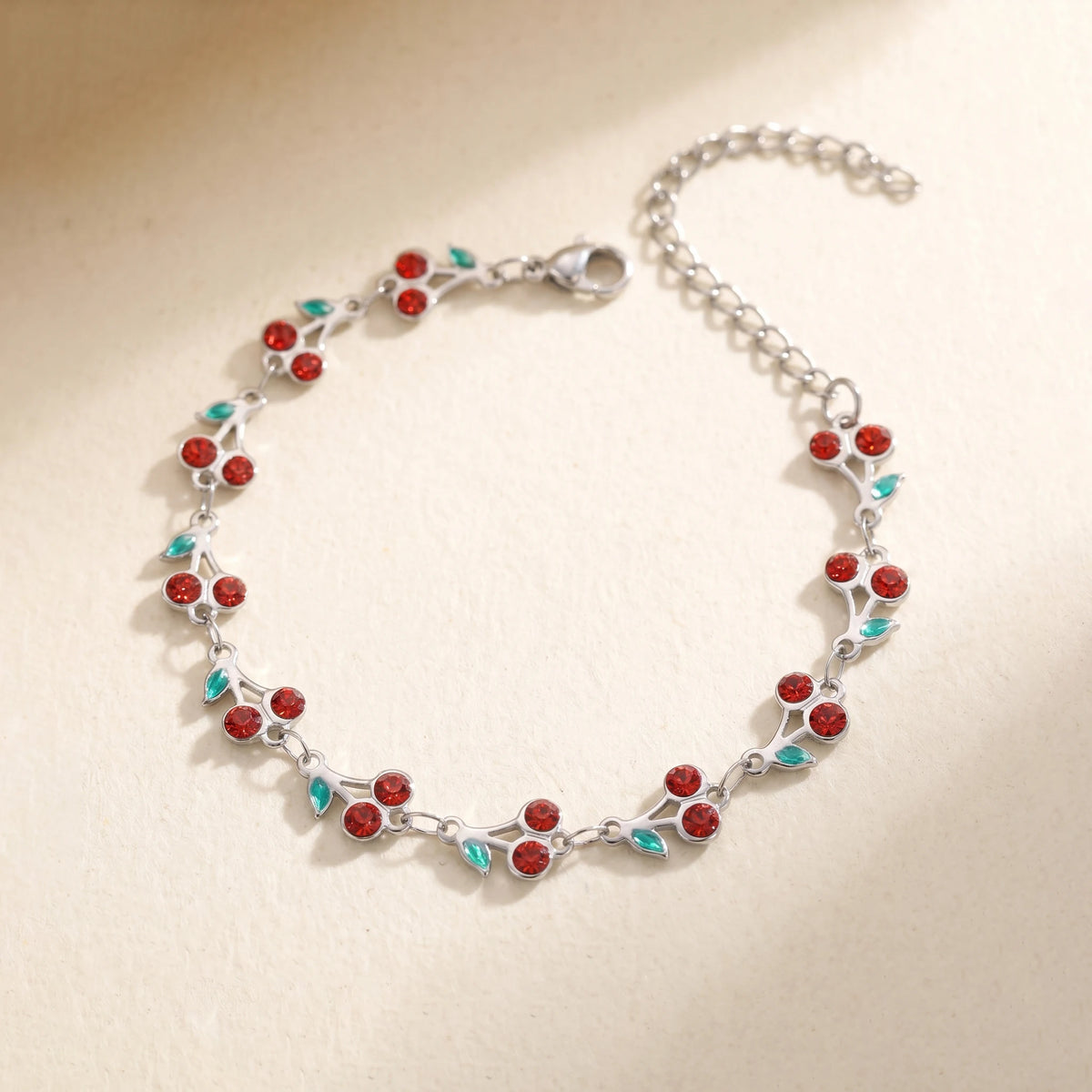 QIAOREN 12224-33 Waterproof Stainless Steel Gold Cherry Bracelet Pink Rhinestone Leaf Charm Bracelet for Women