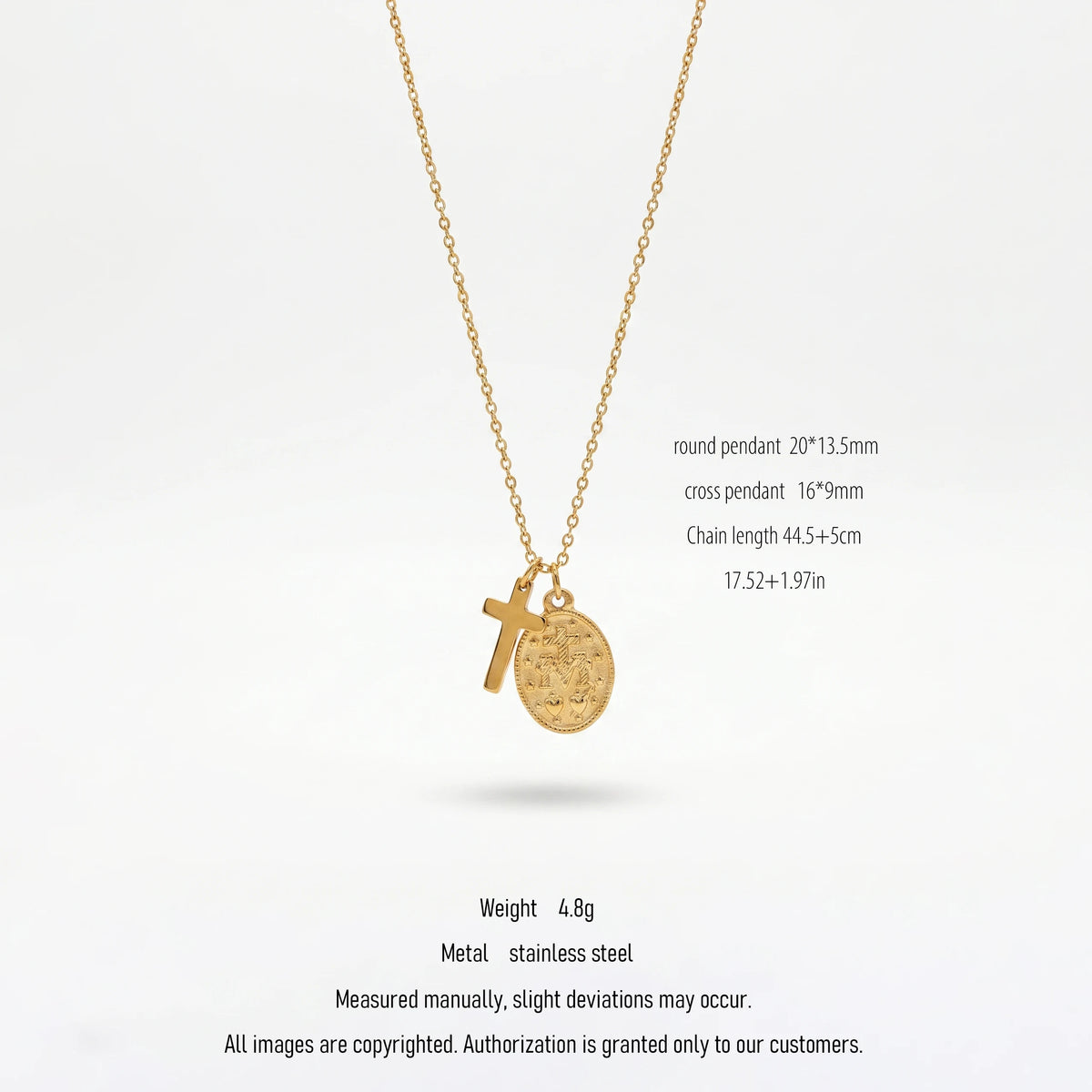 QIAOREN 10547 Hypoallergenic Adjustable for Medal Cross Necklace Gold Plated Stainless Steel Tarnish Free Jewelry for Women