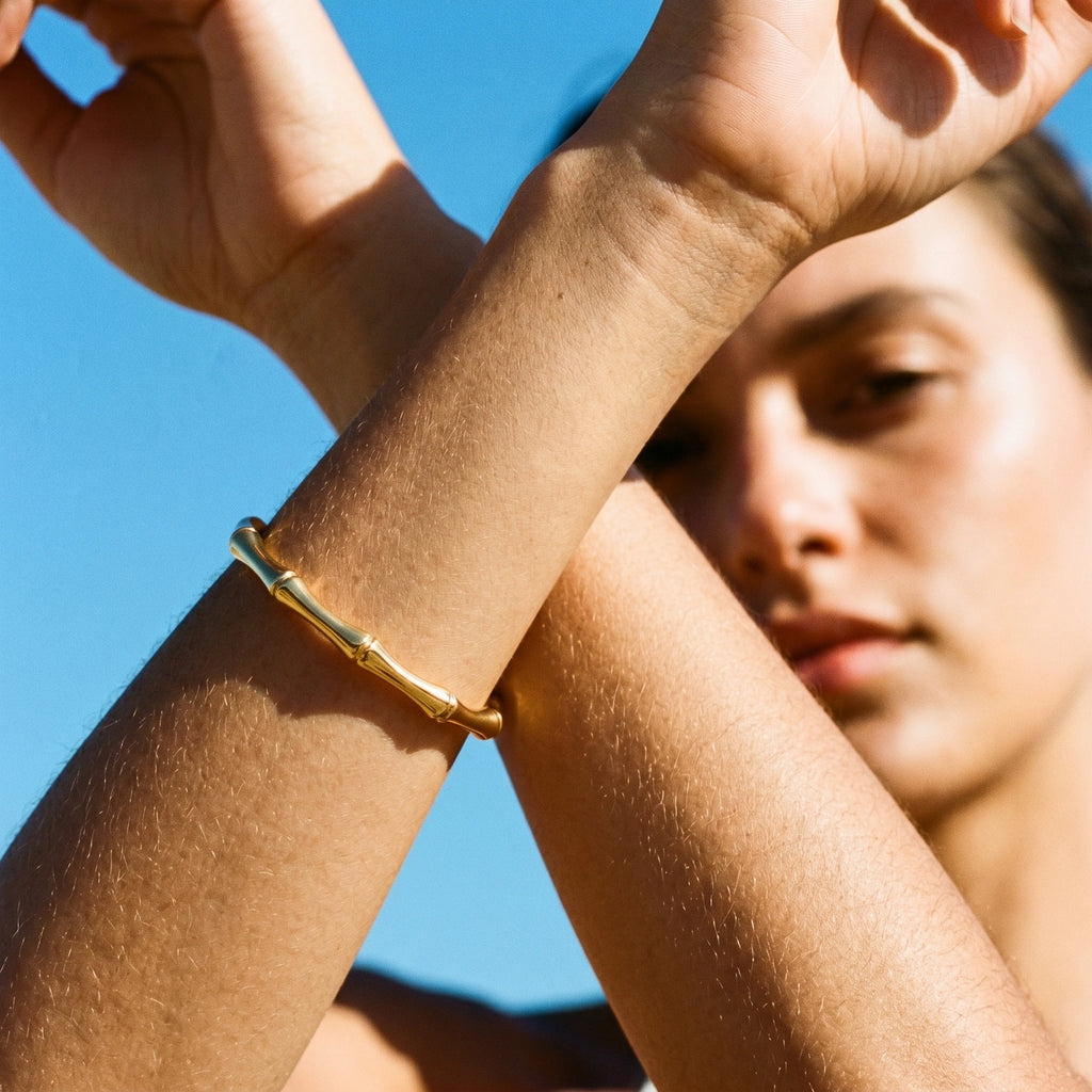 QIAOREN 12677 Sleek Segmented Bamboo Tube Adjustable Open Cuff Bracelet Tarnish Free Stainless Steel 18K Gold Wrist Ornament