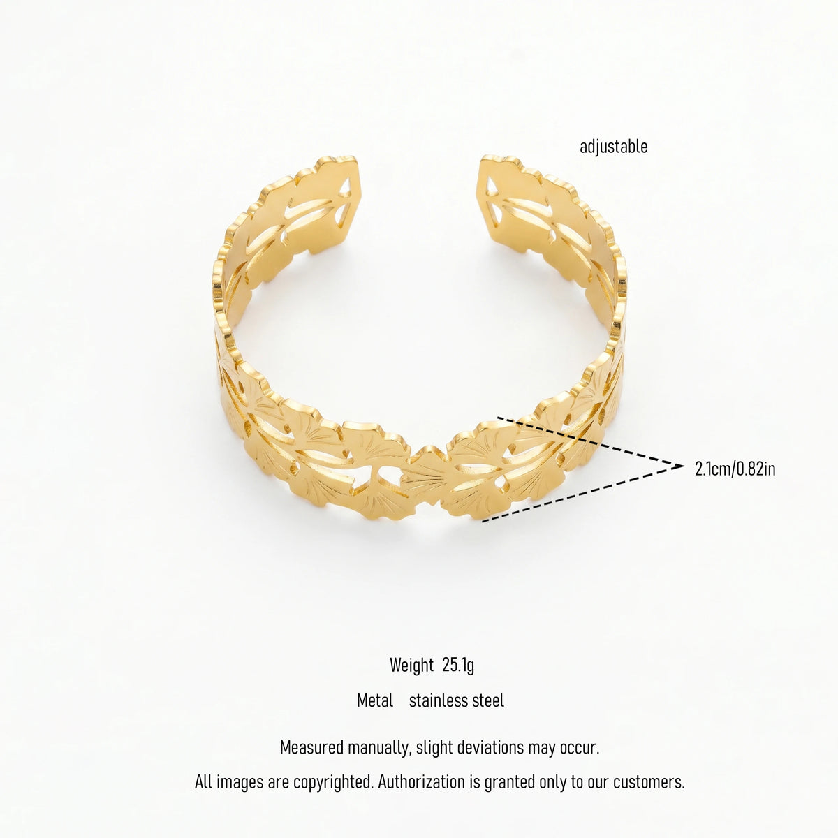 QIAOREN 12719  18K Gold Hollow Cutout Linked Ginkgo Leaf Wide Open Cuff Bracelet Stainless Steel Adjustable Nature Wrist Jewelry