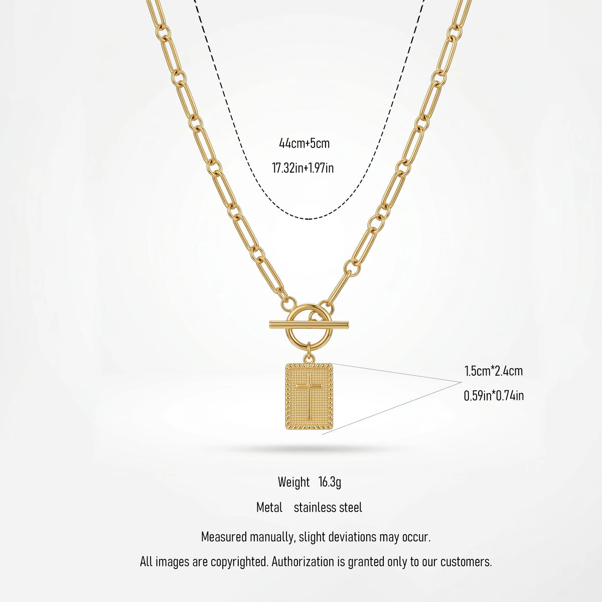 QIAOREN 11819 Waterproof Toggle Clasp Cross Pendant Necklace 18K Stainless Steel Paperclip Chain Durable All-Day Wear Jewelry