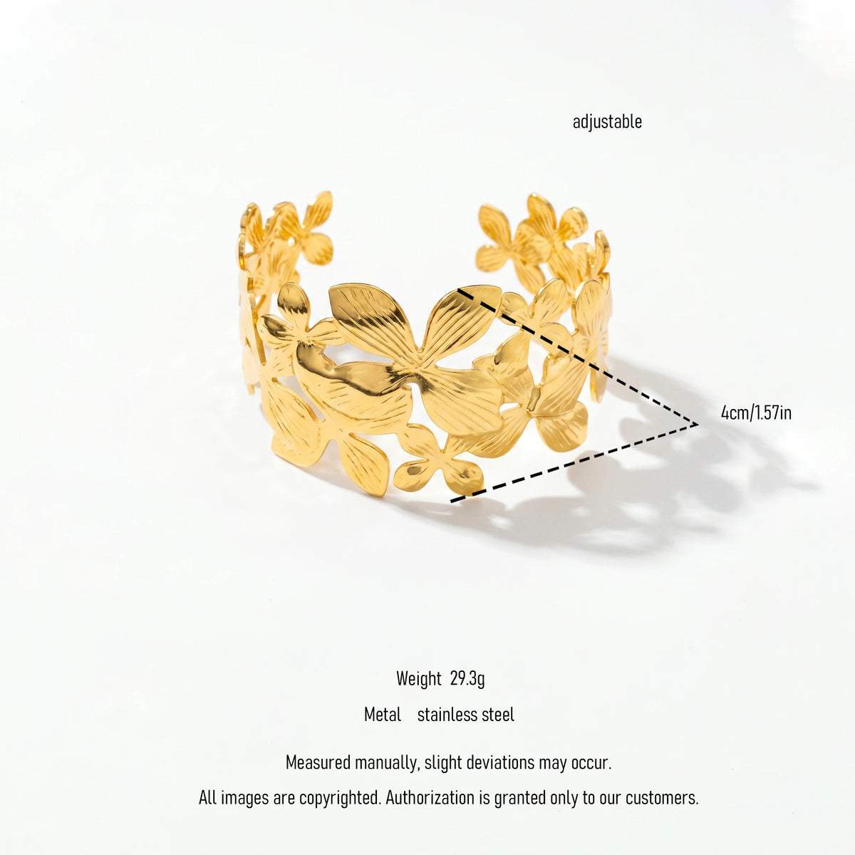 QIAOREN 12705 Vintage Overlapping Clover Floral Cutout Wide Cuff Bangle Hypoallergenic Stainless Steel Gold Bracelet Bridal Gift