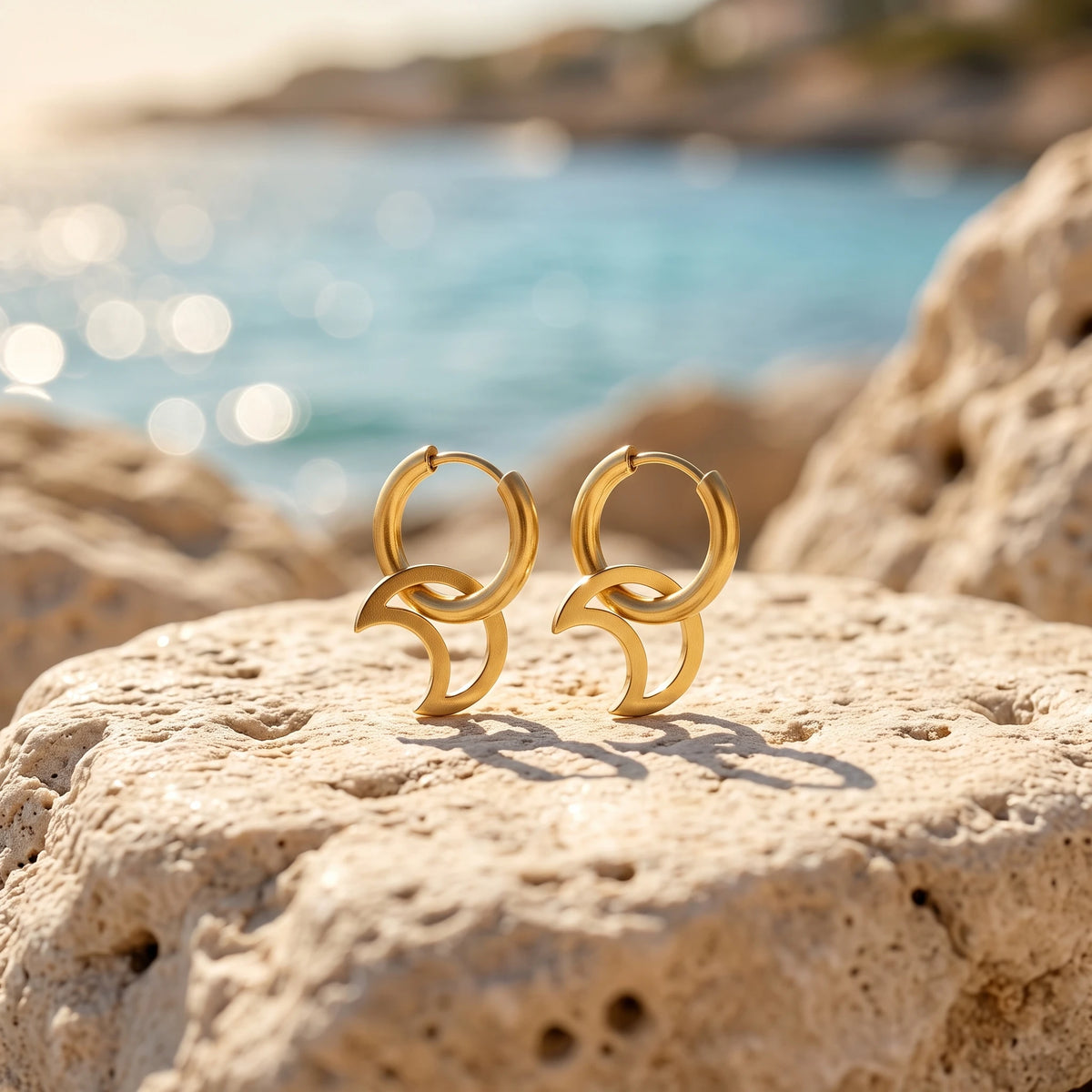 QIAOREN 14422 Open Hollow Crescent Moon Charm Earrings, Stainless Steel Small Hoop Earrings Jewelry Gift