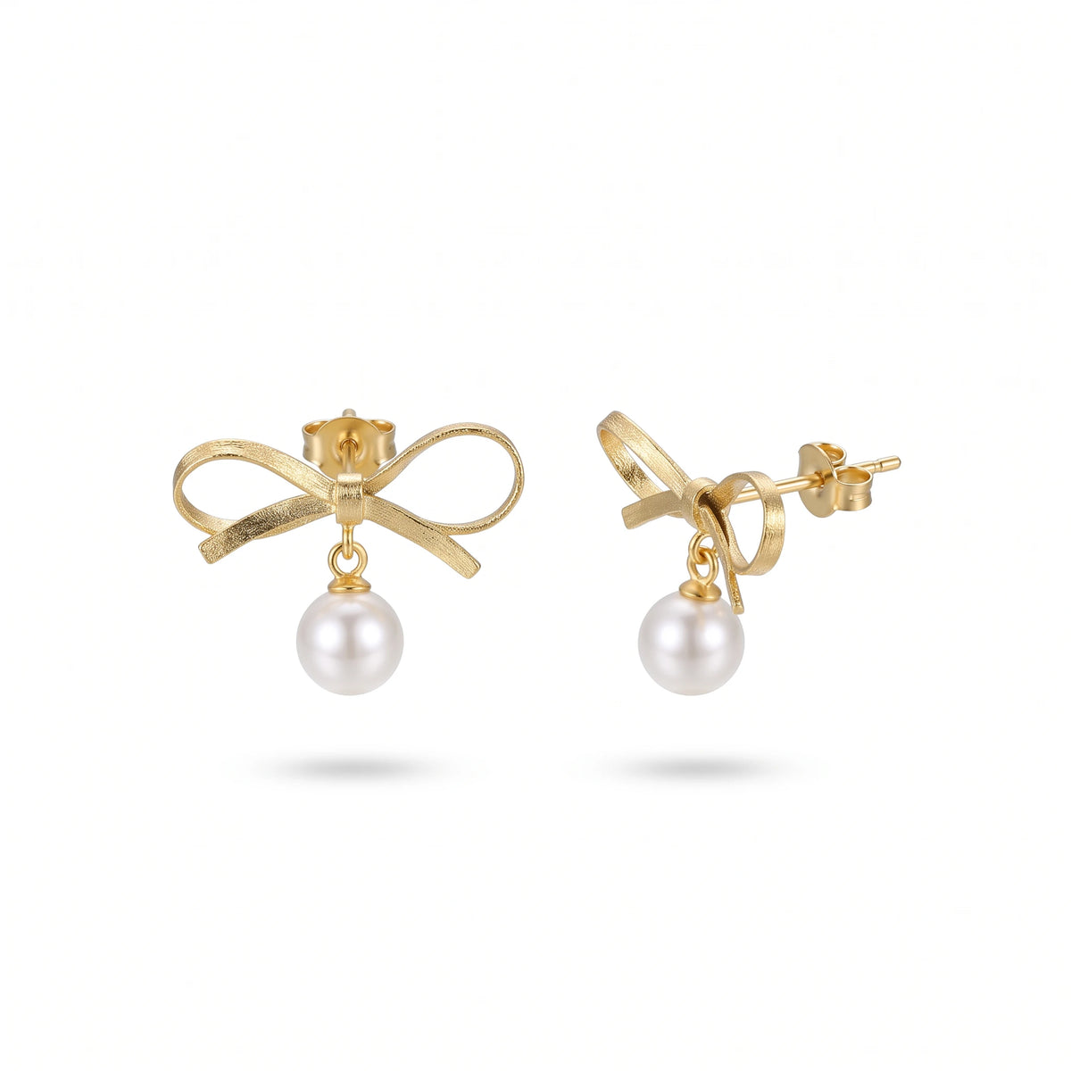 QIAOREN 13819 Textured Matte Bow Knot Stud Earrings with Dangling Single Round White Pearl Drop Pendant, Polished Gold Dainty