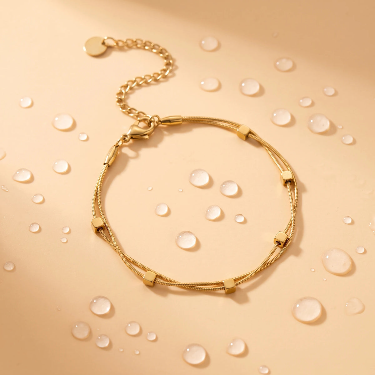 QIAOREN 13301 Gold Double Snake Bracelet Stainless Steel Mini Cube Beads Clasp Extender Waterproof Dainty Women Stack Jewelry