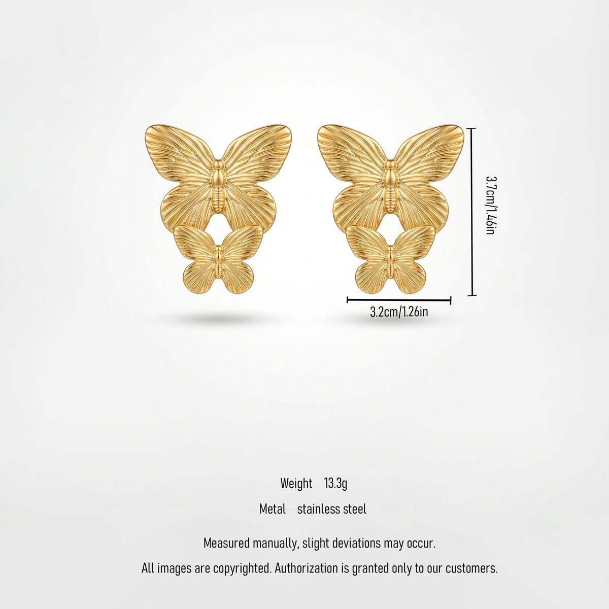 QIAOREN 13275 Gold Tone Double Butterfly Stud Earrings Fine Vein Textured Two Layer Butterfly Pin Studs Retro Elegant