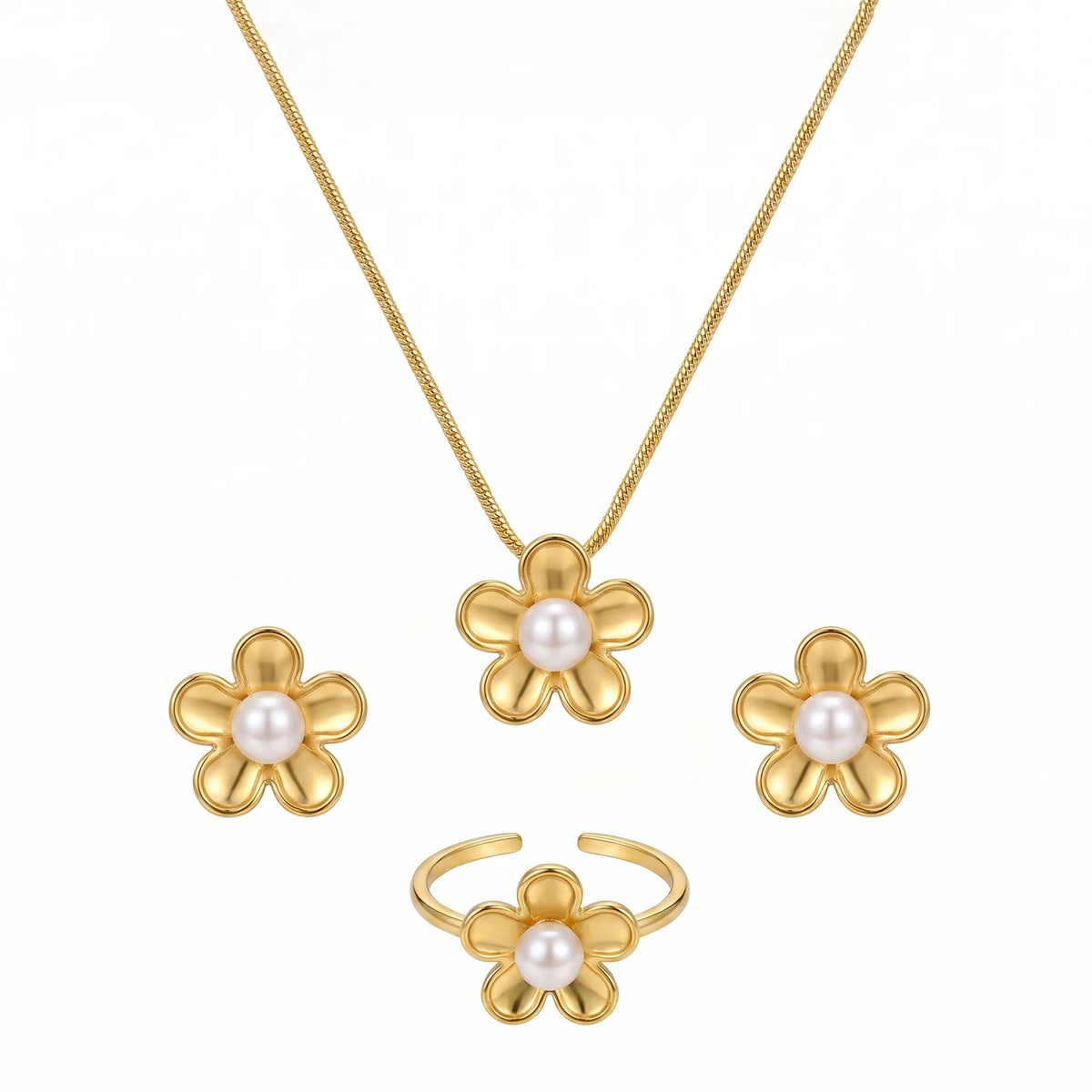 QIAOREN 11634 Hypoallergenic 18K Gold Plated Stainless Steel Puffy Daisy Flower Women's Jewelry Set Pearl Snake Chain Necklace