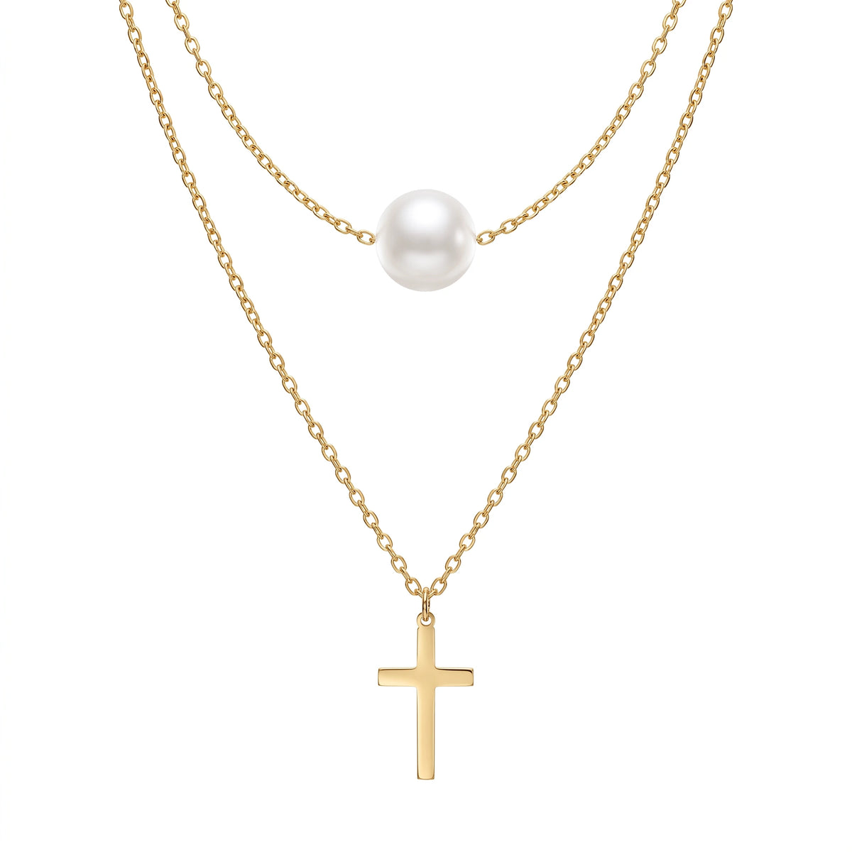 QIAOREN 13804 Oval Link Chain Heart Pendant Necklace with Interlocking Double Circle  & Dangling Single Zircon Drop