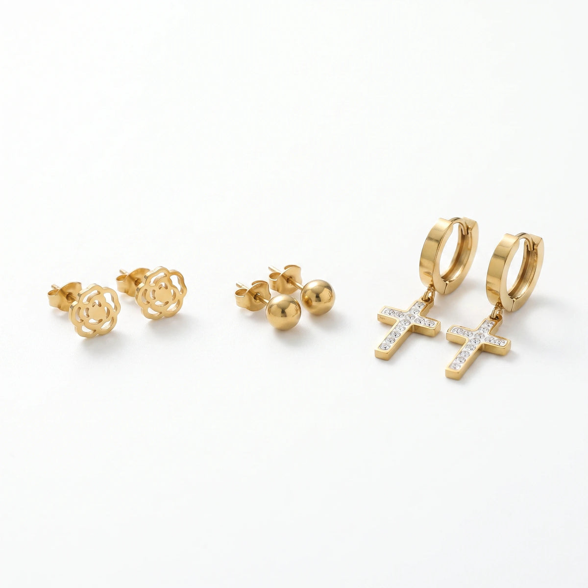 QIAOREN 14449 3 Pair Camellia & CZ Cross Stainless Steel Earring Set Gift for Daily Fashion Outfits